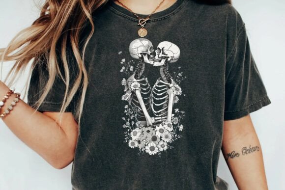 Download Skeleton Lovers Kissing with Wildflowers Vintage Gothic Aesthetic T-Shirt Design Png - Png Collection