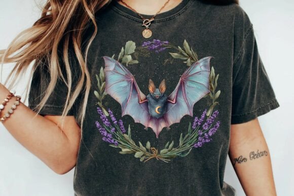 Download Mystical Bat with Crescent Moon and Lavender Floral Wreath Gothic Illustration Png - Png Collection