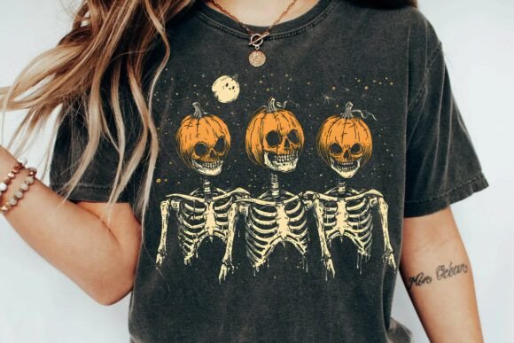 Download Vintage Halloween Skeleton Pumpkin Head Retro Spooky Gothic Aesthetic T-Shirt Design Png - Png Collection