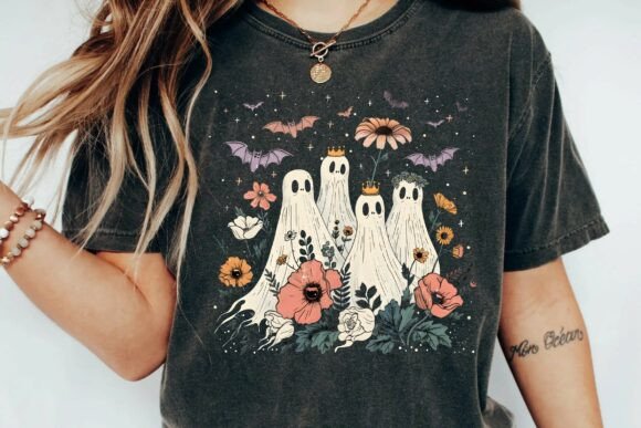 Download Vintage Cottagecore Floral Ghosts and Bats Spooky Halloween Design Png - Png Collection