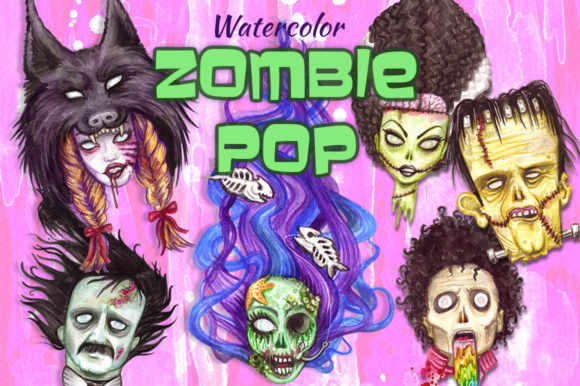 Download Watercolor Zombie Pop Illustrations Set - Illustration Collection