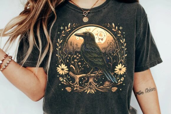Download Gothic Raven Moon Celestial Botanical Dark Aesthetic Mystical Crow Art Png - Png Collection